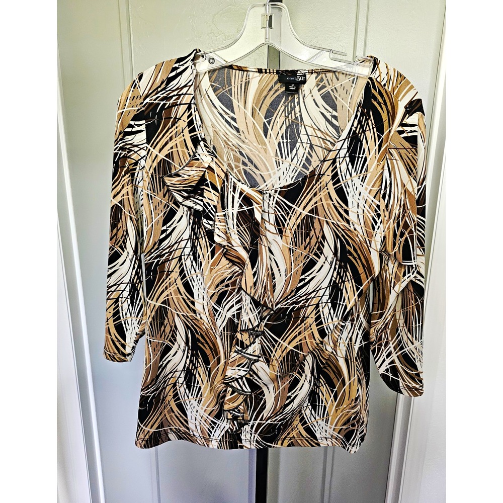 East 5th Women M Abstract Leaf Print Blouse Tan Black Cream Y2K Retro Ruffle Top